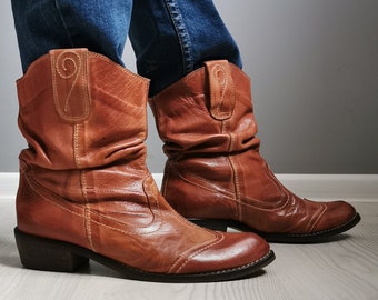 Echtes Leder Braun Western Cowboy Stiefel Größe EUR 39,5/ 40 Vintage Schuhe