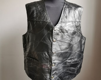 Retro-inspired Men's Leather Biker Vest with Patchwork Detail - Perfect for riders and fashion enthusiasts, Large Size