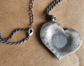 Handmade Silvertone Brutalist Heart Pendant, Long Chain