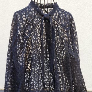 Black Lace Transparent Blouse 3/4 sleeve, Vintage Clothing, Size EU38-40, US/CA8