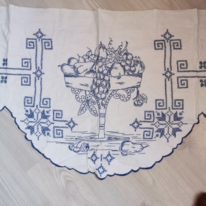 Valance antigo com bordado azul - Cortina de janela clássica de algodão branco