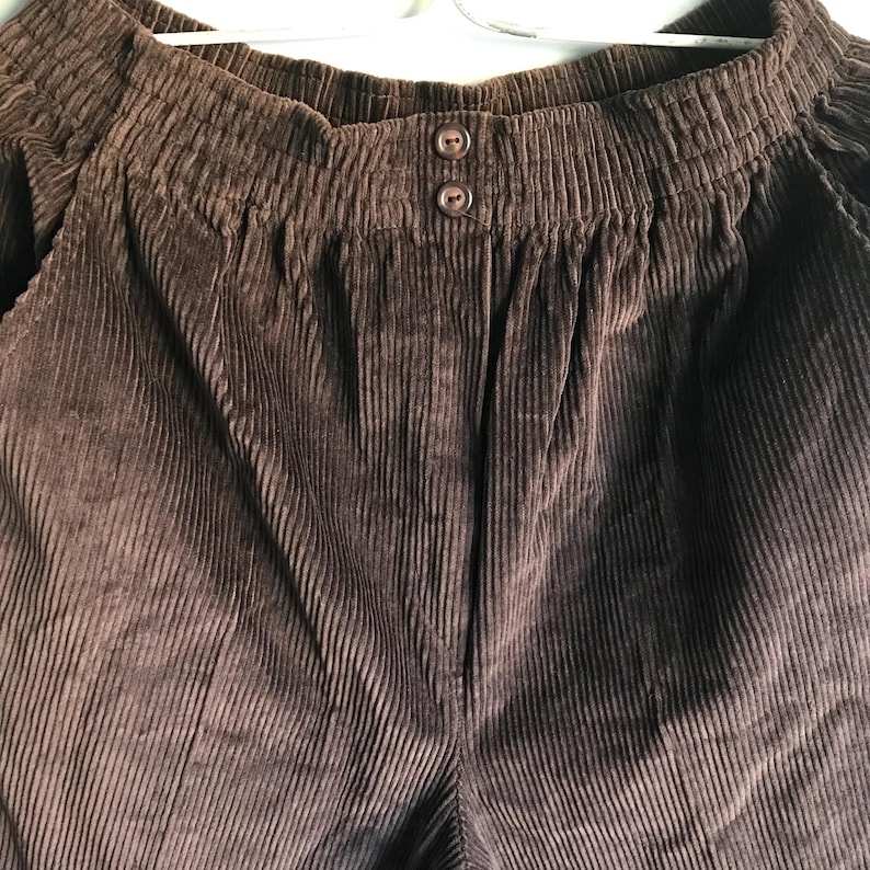 May include: A pair of brown corduroy pants with a button fly and an elastic waistband.