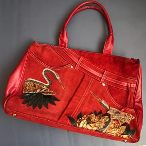 Dark Red Genuine Leather Handbag with Bird Decor, Vintage Leather and Suede Bag