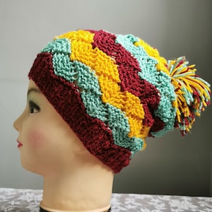 Pompon Hat, Vintage Knitted Beanie Hat, Hand Knit Colourful Cap with Pompom