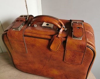 Vintage Brown Faux Leather Suitcase with Buckle Straps - Retro Luggage for Travelers