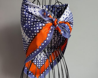 Vintage Orange, White and Blue Geometric Pattern Headscarf,  Square Scarf 80 cm x 80 cm