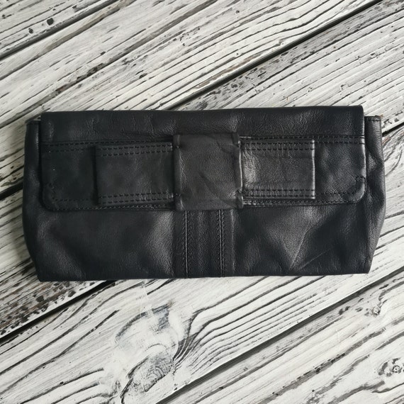 Black Natural Leather Vintage Clutch Bag with Bow-Knot Flap and Magnetic Snap Closure