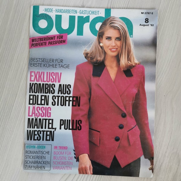 8/92 Seltene alte Zeitschrift Burda Moden auf Deutsch - Vintage Mode Schnittmuster - Retro European Style