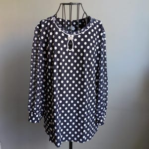 Blue and White Polka Dot Blouse with Transparent Sleeves, Vintage Clothing, Size EU40