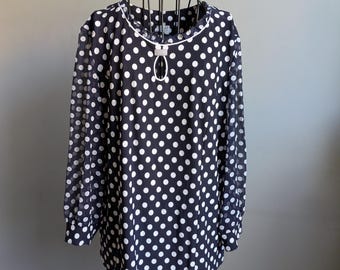 Polka Dot Blouse with Transparent Sleeves Size EU40, Blue and White Top, Vintage Clothing