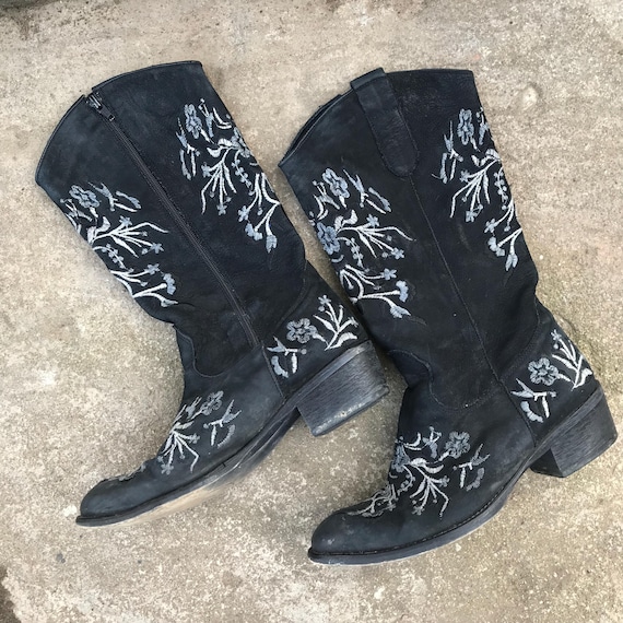 Echtleder Schwarze Western Cowboy Stiefel Größe 39 Vintage Schuhe