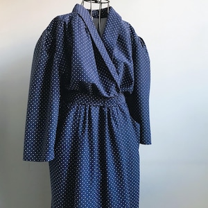 Blue Polka Dot Dress for Women size EU38/40, UK 12, Vintage Clothing 1980s