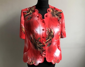 Red Top Size EU46, Women Summer Short Sleeve Blouse, 1990s Vintage Clothing