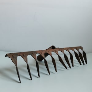 Puede incluir: Un rastrillo de jardín de metal oxidado con un mango de madera. El rastrillo tiene diez dientes y está en buen estado.