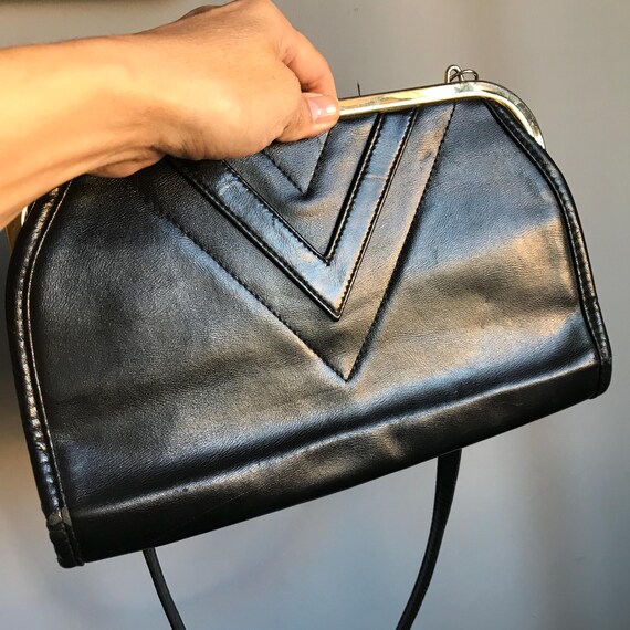Evening Shoulder Bag, Soviet Vintage 1980s, Black Leather Clutch Purse from USSR