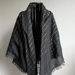 Black Wool Scarf with Gold Stripes, Black Head Scarf, Black Square Shawl, Wool Scarves, Birthday Gift for Women