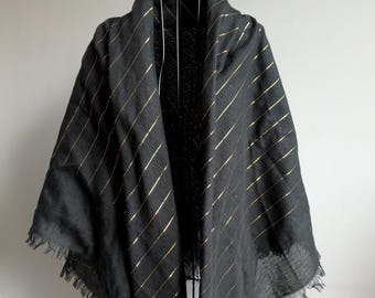 Black Wool Scarf with Gold Stripes, Black Head Scarf, Black Square Shawl, Wool Scarves, Birthday Gift for Women