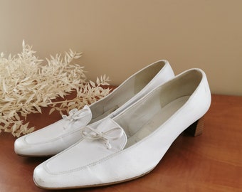 Zapatos de tacón bajo Gabor, elegantes, vintage, blancos, con punta cuadrada, para mujer, años 90