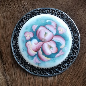 Enamel Brooch, 1960s Vintage Ceramic in Metal Hand Painted Brooch with Floral Design, with damage pin broken, ceramic crack