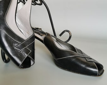 Vintage Peter Kaiser Black Leather Slingback Heels, Size 38 EU