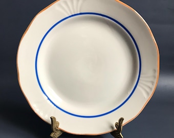 4 x Large Pasta Plates, White Plate with Blue and Orange Rims, Riga Porcelain Latvian Vintage 23,5 cm 9 &quot;
