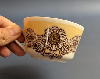 May include: A vintage teacup with a yellow and white design. The cup features a brown floral pattern with intricate details. The handle is white. The cup is held by a hand.