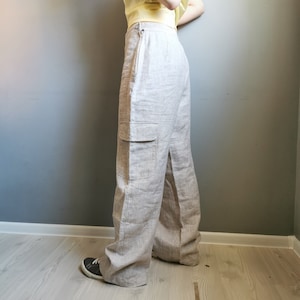 Linen Summer Pants, Vintage Women&#39;s Trousers with Pockets Size EU38, UK12