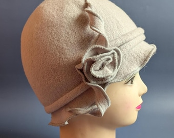 Gray Wool Hat with Bow, Handmade Winter Hat