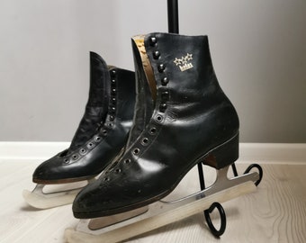 Vintage Ice Skates, Retro Black Leather Boots for Soviet Winter Sport