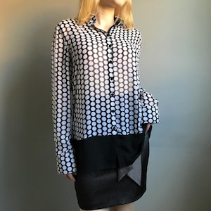Black and White Polka Dot Blouse for Women with Long Sleeve, Stylish Transparent Blouse, Vintage Clothing, Size EU38, US/CA8