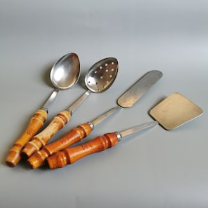 4 x Retro Kitchen Tools Set of 4 from 1970s, Vintage Stainless Steel Utensils with Wooden Handles