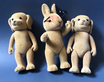 Vintage Flocked Plastic Toy, Rabbit and Dog