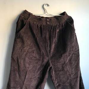 May include: A pair of brown corduroy pants with a wide leg and a button fly.