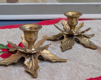 2 x Solid Brass Candle Holders with Leaf Design, Vintage Table Decor