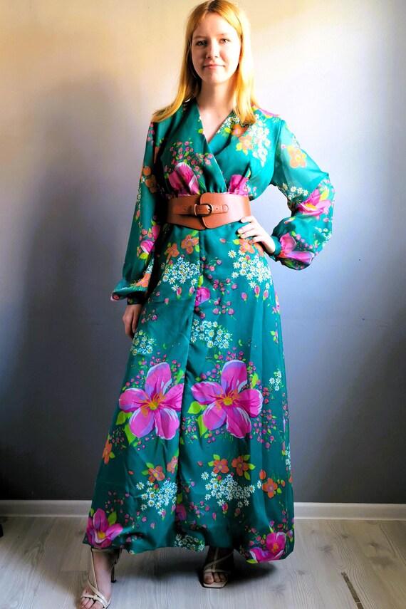 Summer Long Sleeve Maxi Dress with Floral Print, Cottagecore Dress, Vintage Clothing, Size EU40