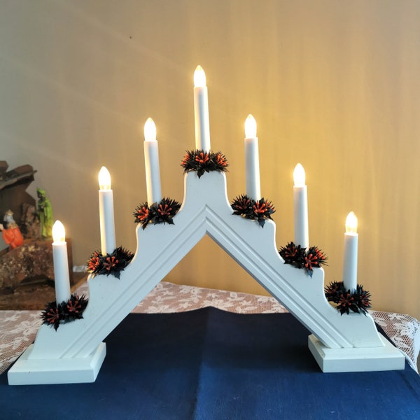 Christmas Candlestick, Vintage German Wooden Bridge with 7 Electric Candles