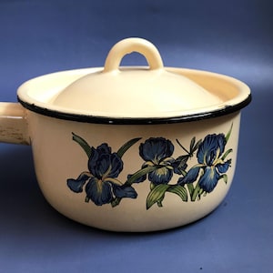 Op de afbeelding: Een witte emaille pan met een zwarte rand en een bloemenontwerp met blauwe irissen en groene bladeren. De pan heeft een deksel met een witte handgreep.