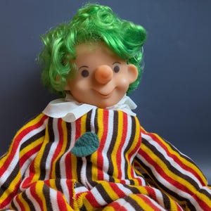 Vintage Soft Stuffed Clown Doll with Rubber Face Soft Body Hand Painted Face and Green Hair