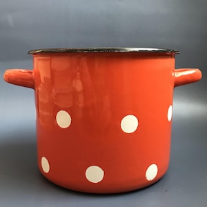 Può includere: Pentola di smalto arancione con pois bianchi e bordo nero. La pentola ha due manici.