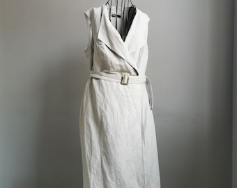 Stylish Vintage Light Blue Linen Dress with Wrap Waistband - Sleeveless, Midi - Size M to L, EU40