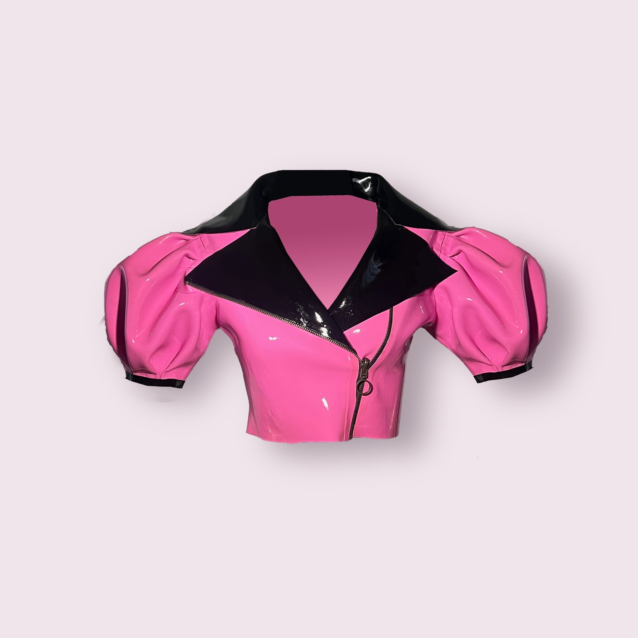 Latex Biker Jacket Puff Sleeve Biker Jacket Rubber Jacket Pink and Black Moto Jacket