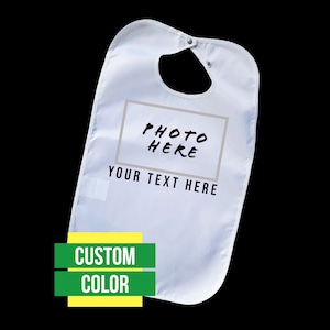 Custom Adult Bib Washable and Reusable Classy Unisex White Adjustable Clothes Protector For Crab, BBQ, Brides Wedding Meal Event