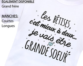 Body grande sœur, body grand frère, drôle, rigolo, message, annoncer une seconde grossesse, personnalisé, futur grand frère grande sœur