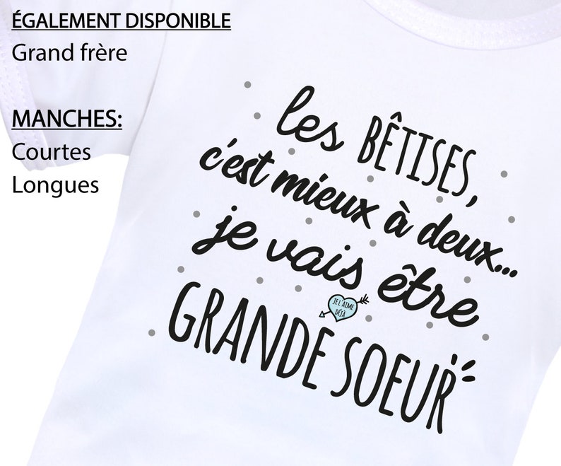 Body grande sœur, body grand frère, drôle, rigolo, message, annoncer une seconde grossesse, personnalisé, futur grand frère grande sœur image 1