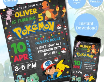 Invitación editable de cumpleaños de Pokémon, tema de cumpleaños de Pokémon, descarga instantánea