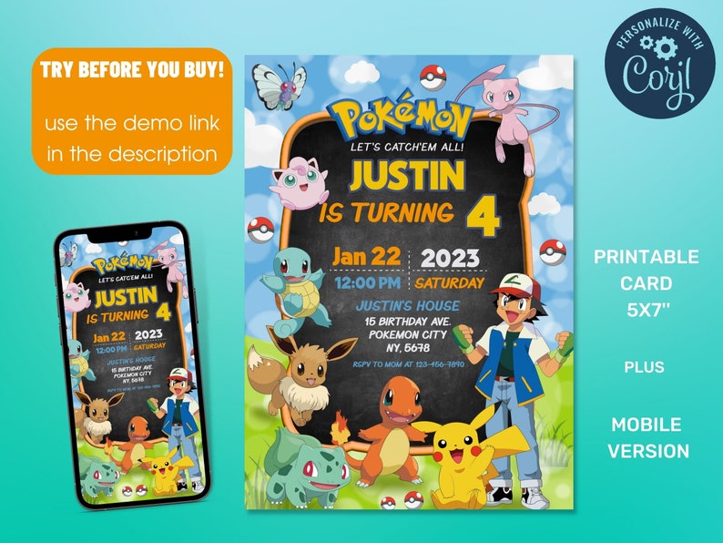 Editable Pokemon Birthday Invitation Pokemon Birthday Theme Etsy