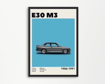 May include: A black and white poster with a blue background featuring a silver BMW E30 M3 car. The poster has the text "E30 M3" in bold black letters at the top and "1986-1991" in black letters at the bottom.