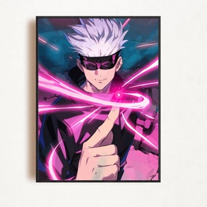 May include: Anime-style art print featuring a character with white hair, a black blindfold, and a black jacket. The artwork showcases vibrant pink energy emanating from the character's finger, set against a dark blue and pink background. The print is framed in a black border.