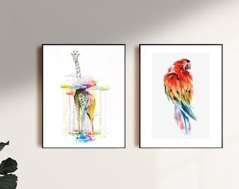Animal Print, Dier kunst aan de muur set van 2, Afdrukbare kunst aan de muur, Dierlijke kunst aan de muur, Afdrukbare kunst, Kunst aan de muur, Digitale kunst aan de muur, Dierlijke kunst digitaal