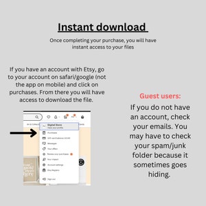 Puede incluir: Una captura de pantalla de una computadora que muestra una tienda digital con un men&uacute; que incluye opciones para ver un perfil, compras, mensajes, ofertas, revisar compras, configuraci&oacute;n de la cuenta y Etsy Registry. El texto "Usuarios invitados:" se muestra en el lado derecho de la pantalla con el siguiente texto debajo: "Si no tienes una cuenta, revisa tus correos electr&oacute;nicos. Es posible que tengas que revisar tu carpeta de spam/correo no deseado porque a veces se oculta."